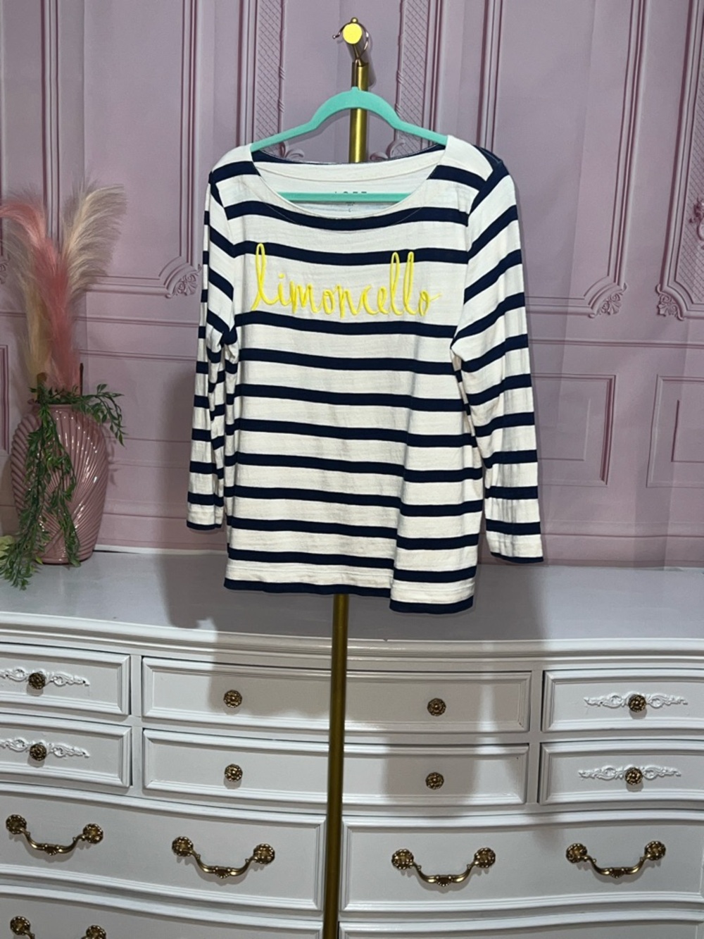 Loft Striped Navy and White Top embroidered “Lemoncello”